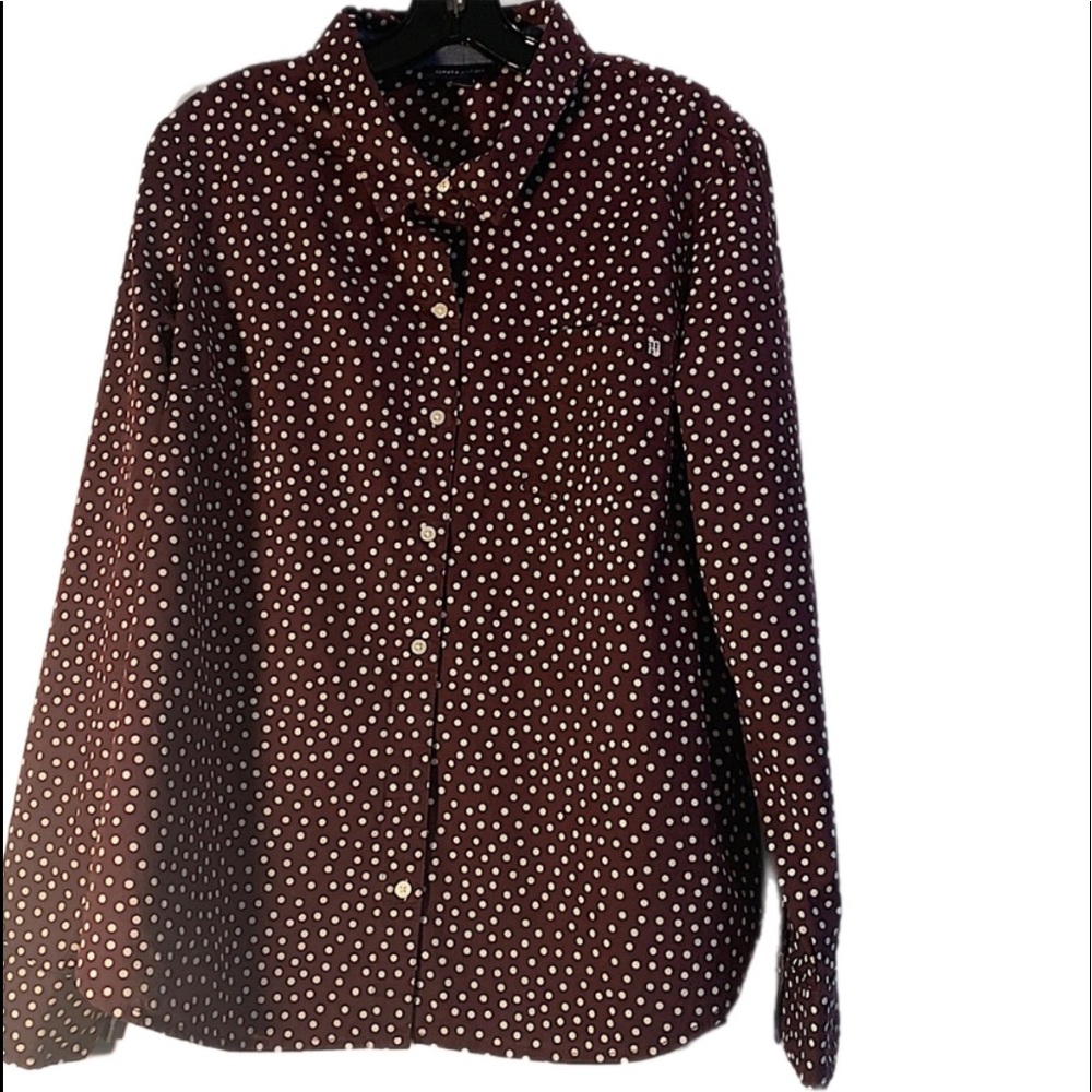 Tommy Hilfiger women collar button down white and dark burgundy polka dot shirt